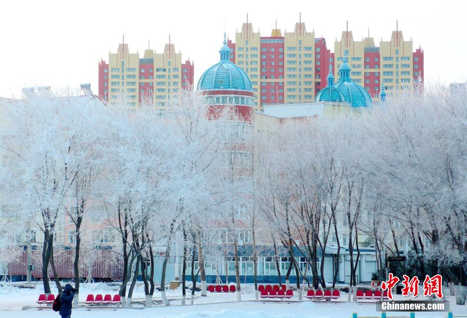 12月10日,受降溫天氣影響,黑河市黑龍江江畔出現(xiàn)綿延數(shù)公里的霧凇景觀。