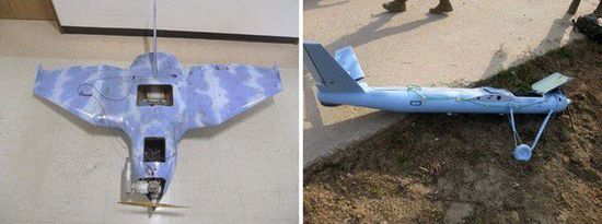 左圖為3月24日在韓國首爾北部墜毀的無人機，右圖為3月31日在韓國西部海域白翎島墜毀的無人機