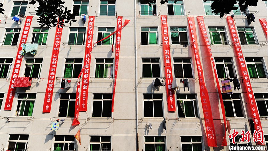 圖為男生宿舍掛起的二十多條橫幅。