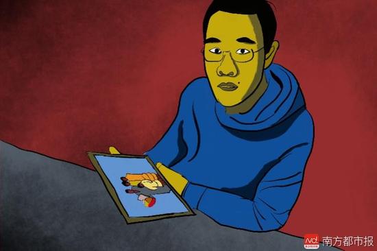 王煥凱看著一家人幸福的合照，黯然神傷，悔不當(dāng)初。（畫(huà)作者：吳斌）