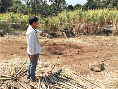 昨日，在大水桑樹村，村民向記者展示13日造成5死8傷的炸彈事件彈坑。