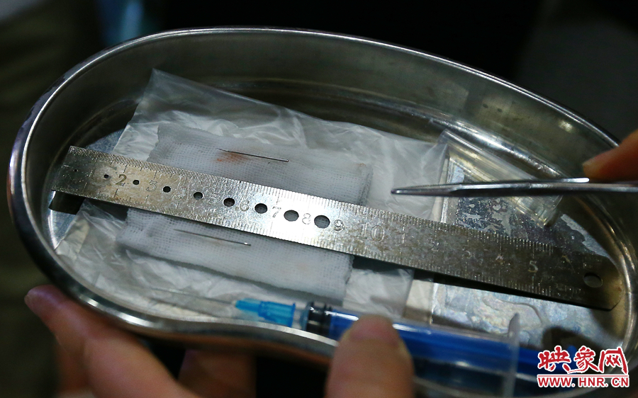 大龍顱內(nèi)取出的鋼針（上）和小龍顱內(nèi)的一樣（下），均為2.5厘米